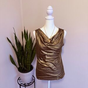 Elie Tahari | Metallic Gold Drape Neck Sleeveless Top